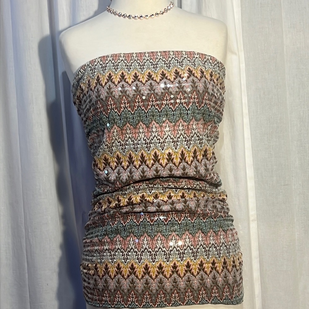 Express strapless top w/gold Lurex & sequins on flame stitch top-EUC